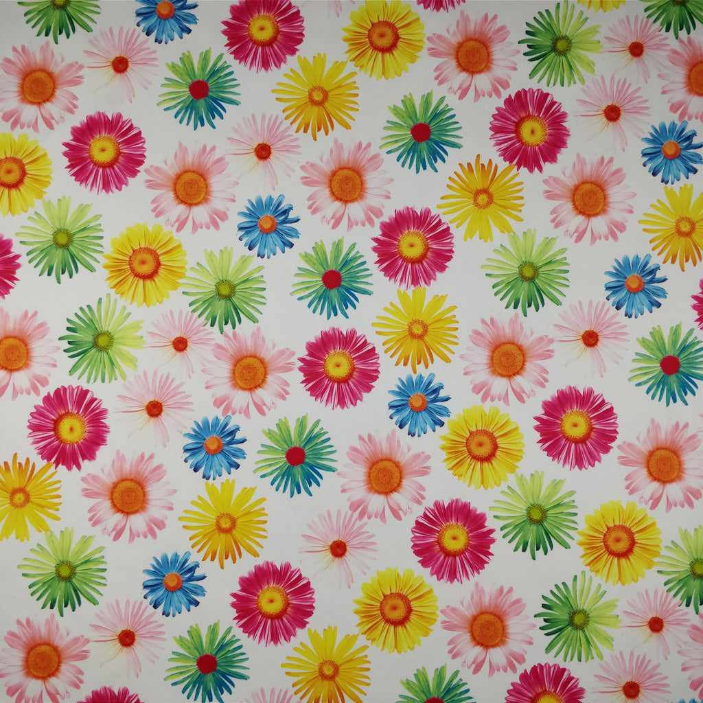 FS207_1 Multi Colour Gerbra Daisy | Fabric | Black, Blue, Daisies, Daisy, drape, Dress Fabric, Dress making, Dressmaking Fabric, Fabric, fabricstyles, fashion fabric, Floral, Flower, Green, Light Pink, making, Orange, Pink, Purple, Scuba, sewing, sunflower, White, Yellow | Fabric Styles