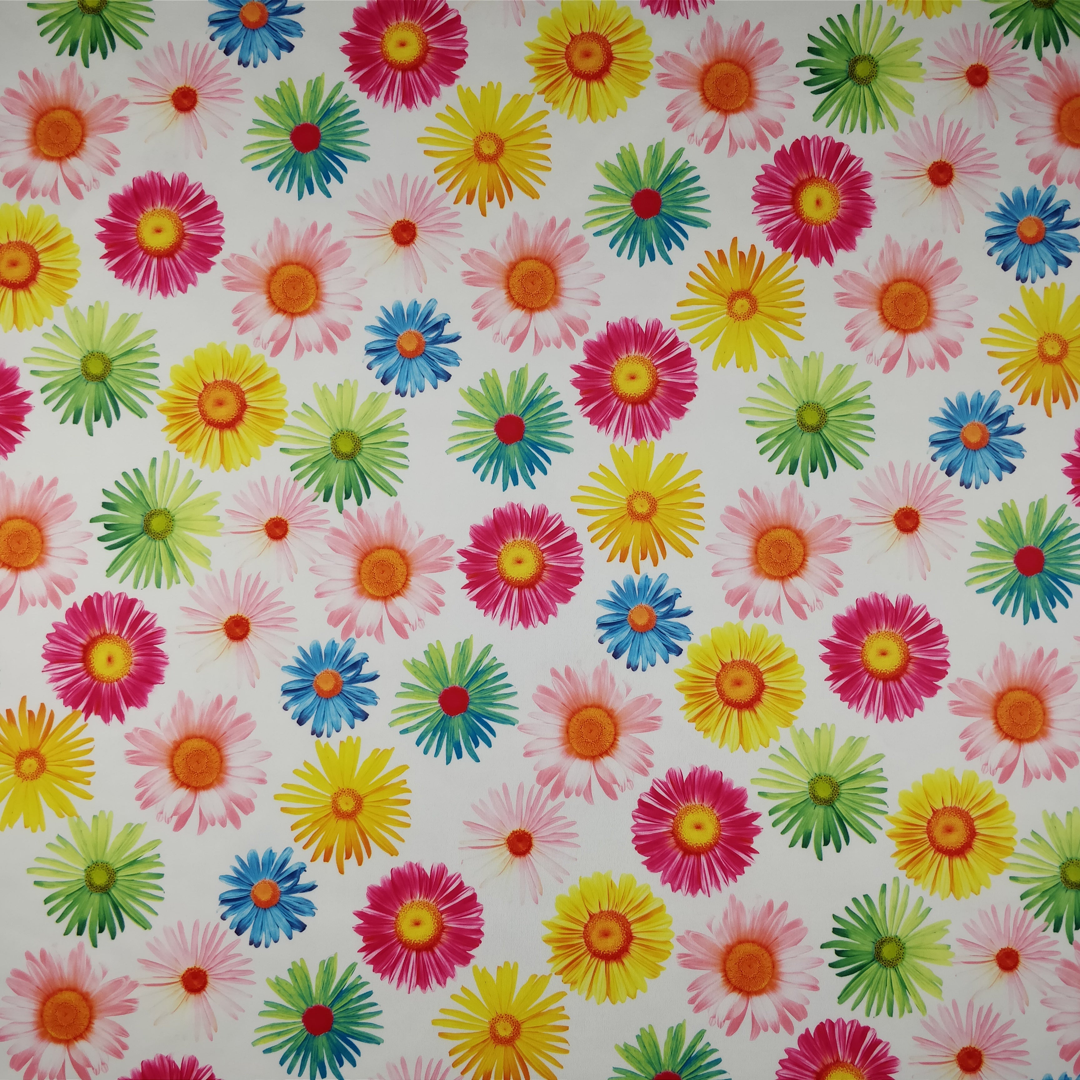 FS207_1 Multi Colour Gerbra Daisy | Fabric | Black, Blue, Daisies, Daisy, drape, Dress Fabric, Dress making, Dressmaking Fabric, Fabric, fabricstyles, fashion fabric, Floral, Flower, Green, Light Pink, making, Orange, Pink, Purple, Scuba, sewing, sunflower, White, Yellow | Fabric Styles