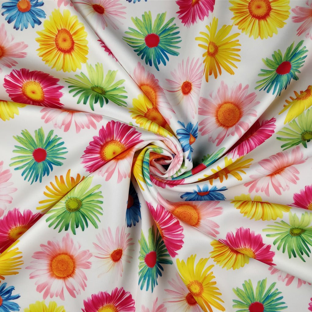 FS207_1 Multi Colour Gerbra Daisy | Fabric | Black, Blue, Daisies, Daisy, drape, Dress Fabric, Dress making, Dressmaking Fabric, Fabric, fabricstyles, fashion fabric, Floral, Flower, Green, Light Pink, making, Orange, Pink, Purple, Scuba, sewing, sunflower, White, Yellow | Fabric Styles