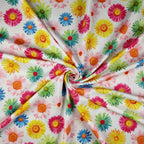 FS207_1 Multi Colour Gerbra Daisy | Fabric | Black, Blue, Daisies, Daisy, drape, Dress Fabric, Dress making, Dressmaking Fabric, Fabric, fabricstyles, fashion fabric, Floral, Flower, Green, Light Pink, making, Orange, Pink, Purple, Scuba, sewing, sunflower, White, Yellow | Fabric Styles