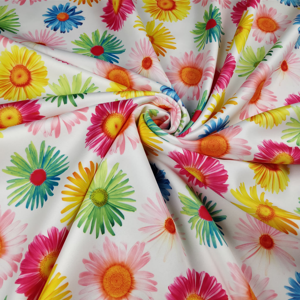 FS207_1 Multi Colour Gerbra Daisy | Fabric | Black, Blue, Daisies, Daisy, drape, Dress Fabric, Dress making, Dressmaking Fabric, Fabric, fabricstyles, fashion fabric, Floral, Flower, Green, Light Pink, making, Orange, Pink, Purple, Scuba, sewing, sunflower, White, Yellow | Fabric Styles