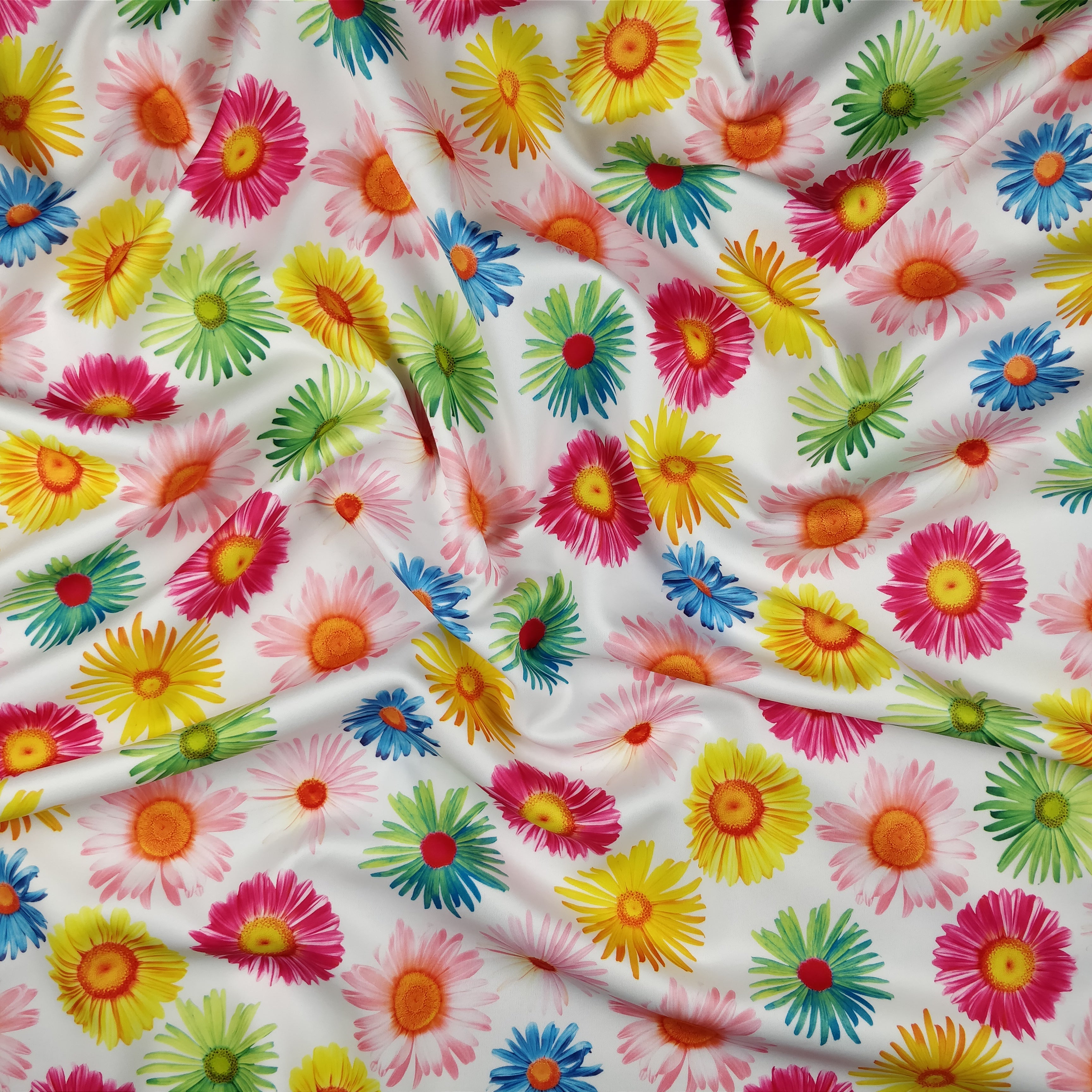 FS207_1 Multi Colour Gerbra Daisy | Fabric | Black, Blue, Daisies, Daisy, drape, Dress Fabric, Dress making, Dressmaking Fabric, Fabric, fabricstyles, fashion fabric, Floral, Flower, Green, Light Pink, making, Orange, Pink, Purple, Scuba, sewing, sunflower, White, Yellow | Fabric Styles