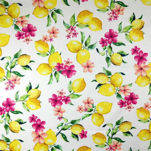FS295 Lemon Floral Scuba Stretch Knit Fabric White Black