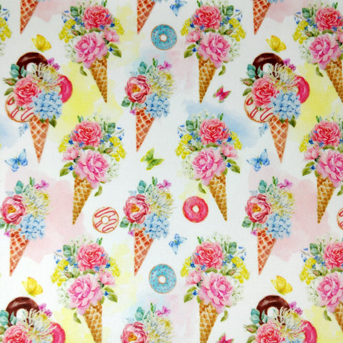FS257_1 Vintage Icecream Cone Floral Donuts | Fabric | Children, cone, Donut, Donuts, Doughnut, Dress making, Fabric, fashion fabric, Floral, Flower, Flowers, Icecream cone, jersey, Kid, Kids, making, Polyester, Scuba, sewing, Stretchy, Vintage | Fabric Styles