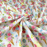 FS257_1 Vintage Icecream Cone Floral Donuts | Fabric | Children, cone, Donut, Donuts, Doughnut, Dress making, Fabric, fashion fabric, Floral, Flower, Flowers, Icecream cone, jersey, Kid, Kids, making, Polyester, Scuba, sewing, Stretchy, Vintage | Fabric Styles