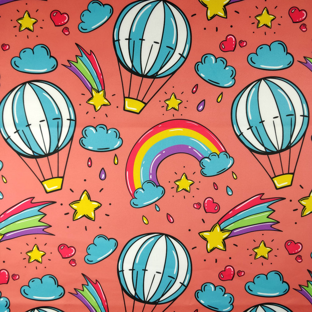 FS255 Funfair Shooting Stars | Fabric | Air Balloon, Cloud, Clouds, Exclusive, Fabric, fashion fabric, High Fashion, Hot Air Balloon, Kid, Kids, Rain, Rainbow, Red, Scuba, Shooting Star, Star, Stars | Fabric Styles
