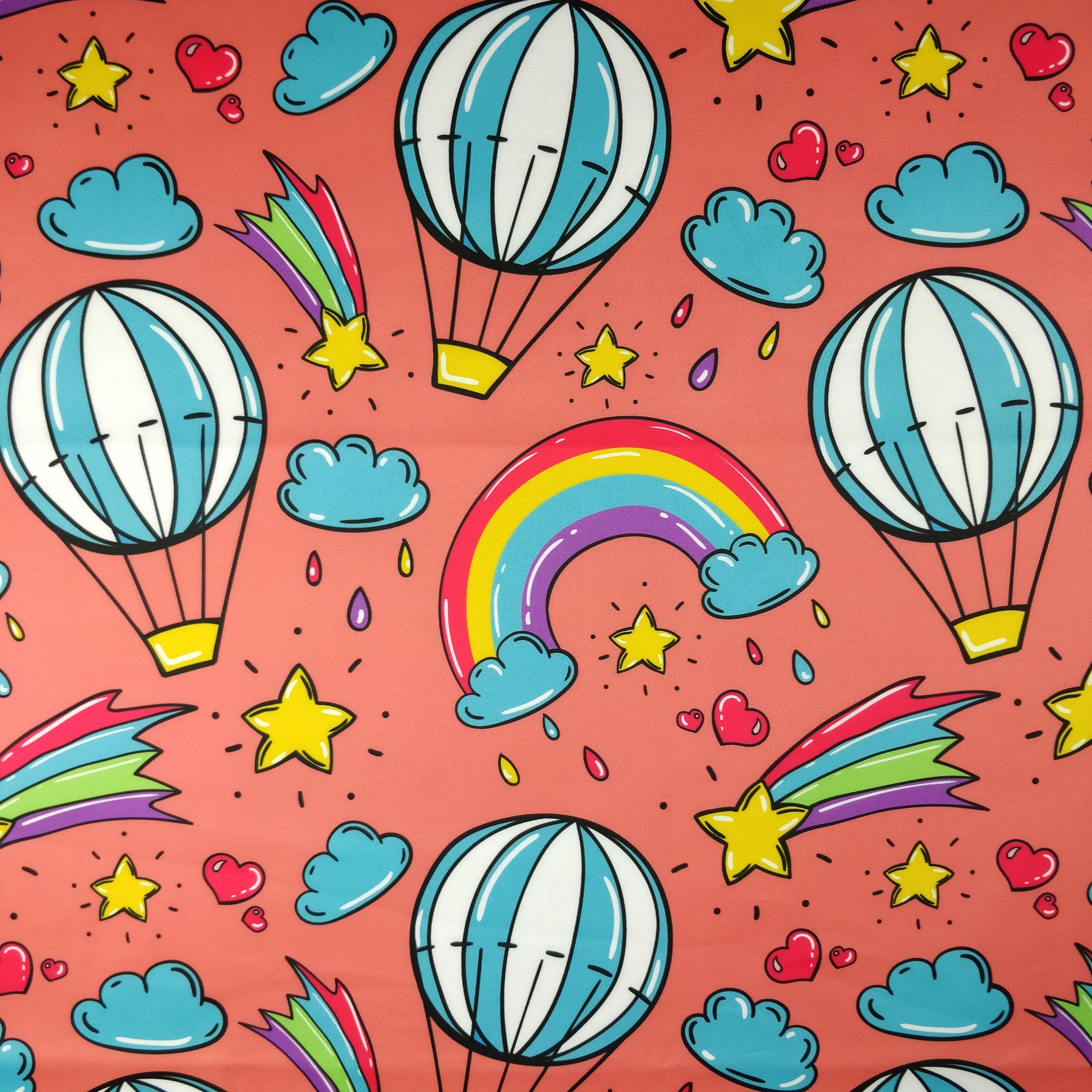 FS255 Funfair Shooting Stars | Fabric | Air Balloon, Cloud, Clouds, Exclusive, Fabric, fashion fabric, High Fashion, Hot Air Balloon, Kid, Kids, Rain, Rainbow, Red, Scuba, Shooting Star, Star, Stars | Fabric Styles