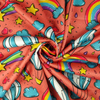 FS255 Funfair Shooting Stars | Fabric | Air Balloon, Cloud, Clouds, Exclusive, Fabric, fashion fabric, High Fashion, Hot Air Balloon, Kid, Kids, Rain, Rainbow, Red, Scuba, Shooting Star, Star, Stars | Fabric Styles