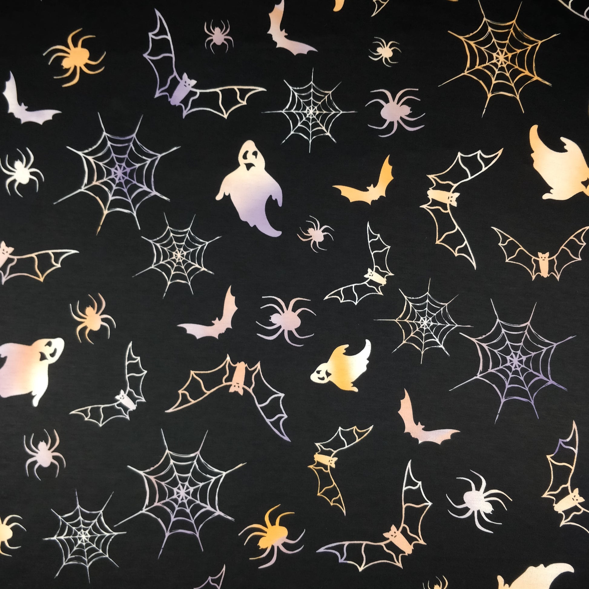 FS325 Ghost Halloween Spun Polyester Jersey Knit Stretch Fabric Black | Fabric | Bat, Bats, Fabric, Ghost, Halloween, Orange, Polyester, Purple, spider, Spiders, spun polyester, Spun Polyester Elastane, stretch, Stretchy | Fabric Styles