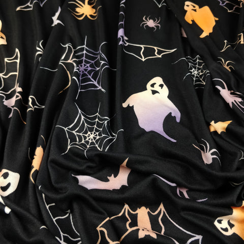 FS325 Ghost Halloween Spun Polyester Jersey Knit Stretch Fabric Black | Fabric | Bat, Bats, Fabric, Ghost, Halloween, Orange, Polyester, Purple, spider, Spiders, spun polyester, Spun Polyester Elastane, stretch, Stretchy | Fabric Styles