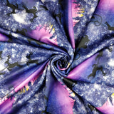 FS342 Galaxy Reindeer Scuba Stretch Knit Fabric Purple Black | Fabric | Christmas, Fabric, fashion fabric, galaxy, Purple, reindeer, Santa, Scuba, scuba fabric, Sledge, XMAS | Fabric Styles