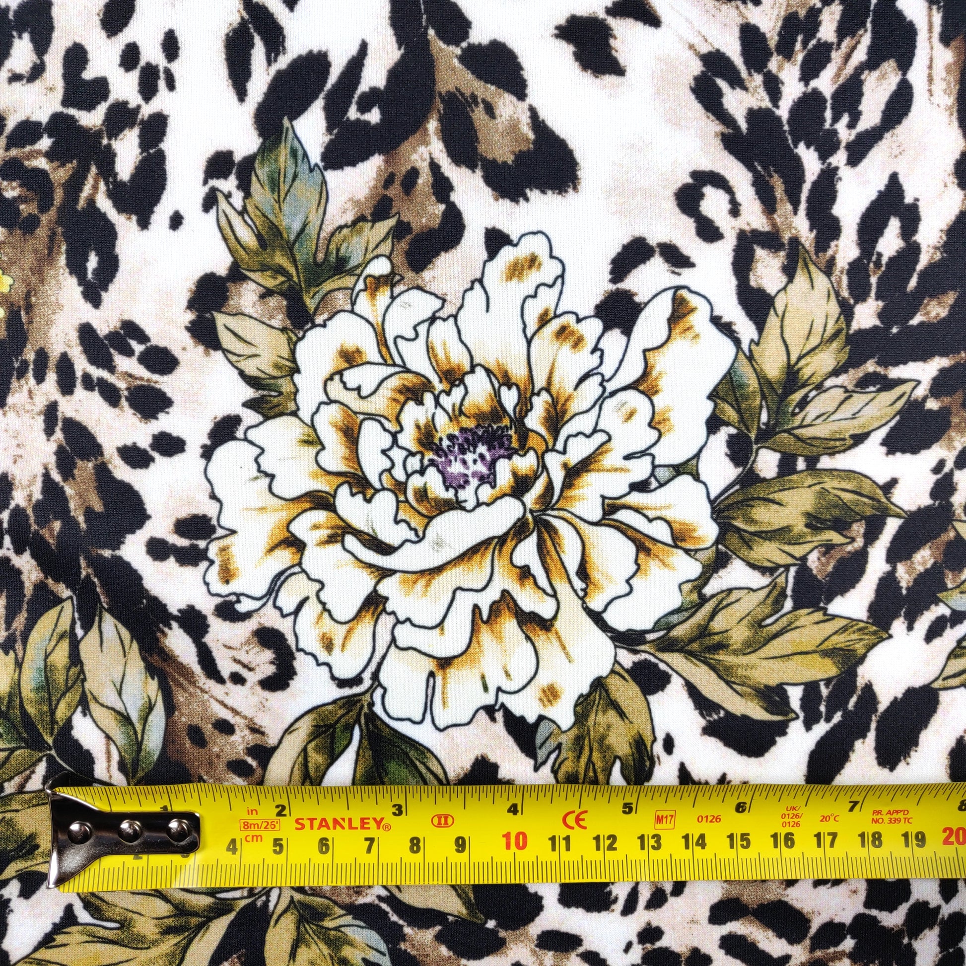 FS364 Leopard Floral | Fabric | Animal, Babywear, Dress making, Fabric, fashion fabric, Floral, Flower, Flowers, jersey, Leopard, Rompers, Scuba, Skirt, Stretch, Stretchy, Trousers | Fabric Styles