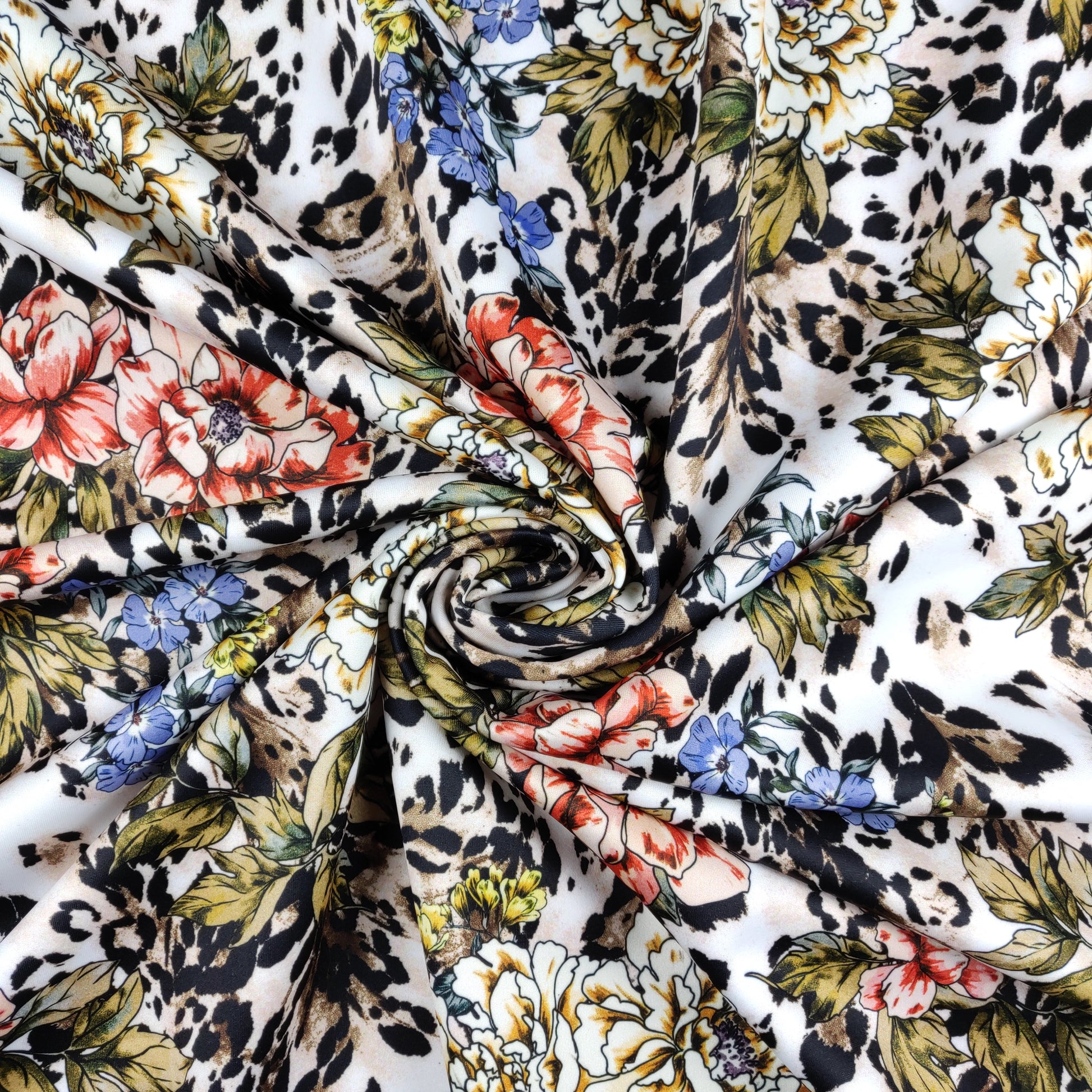 FS364 Leopard Floral | Fabric | Animal, Babywear, Dress making, Fabric, fashion fabric, Floral, Flower, Flowers, jersey, Leopard, Rompers, Scuba, Skirt, Stretch, Stretchy, Trousers | Fabric Styles