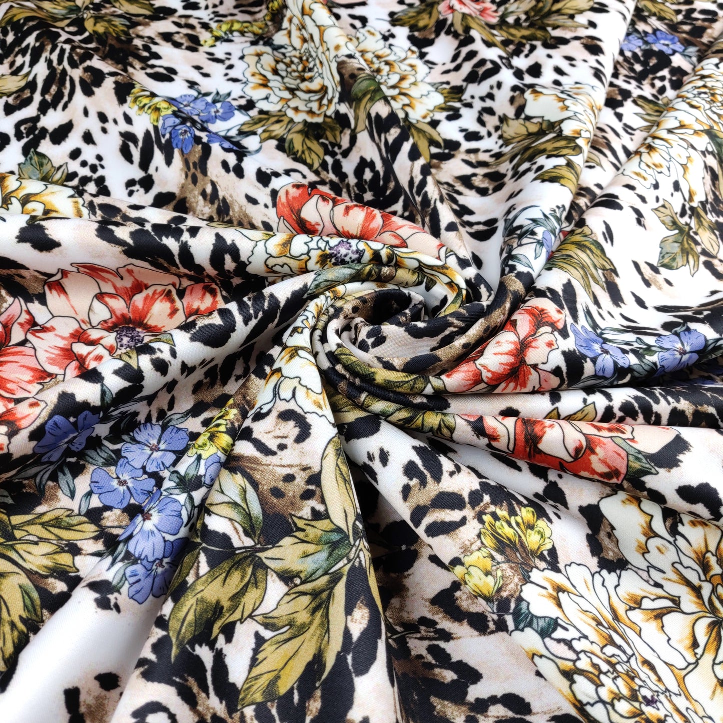 FS364 Leopard Floral | Fabric | Animal, Babywear, Dress making, Fabric, fashion fabric, Floral, Flower, Flowers, jersey, Leopard, Rompers, Scuba, Skirt, Stretch, Stretchy, Trousers | Fabric Styles