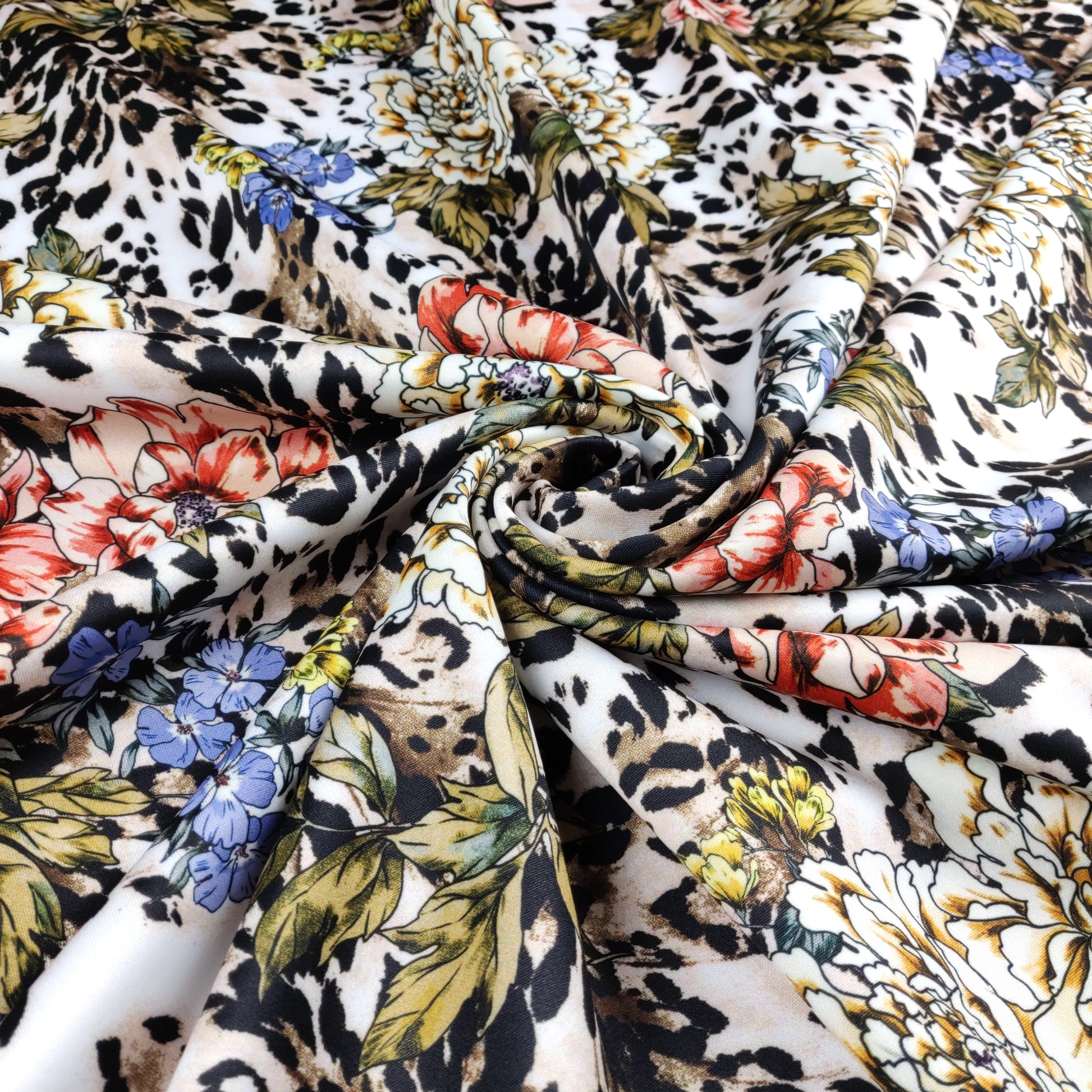 FS364 Leopard Floral | Fabric | Animal, Babywear, Dress making, Fabric, fashion fabric, Floral, Flower, Flowers, jersey, Leopard, Rompers, Scuba, Skirt, Stretch, Stretchy, Trousers | Fabric Styles