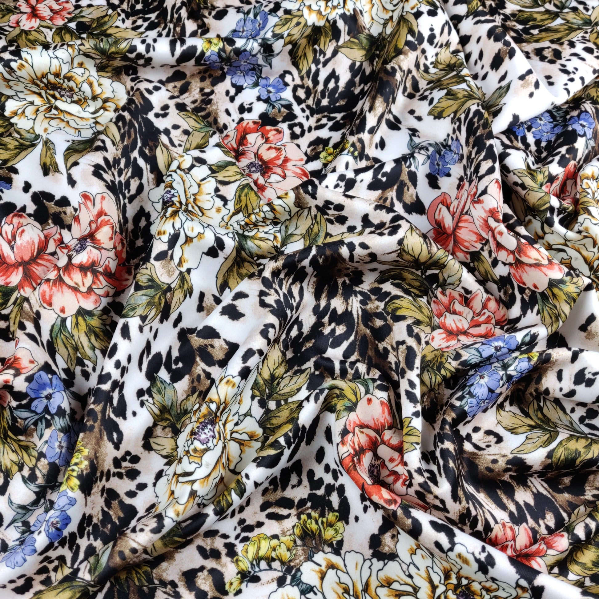FS364 Leopard Floral | Fabric | Animal, Babywear, Dress making, Fabric, fashion fabric, Floral, Flower, Flowers, jersey, Leopard, Rompers, Scuba, Skirt, Stretch, Stretchy, Trousers | Fabric Styles