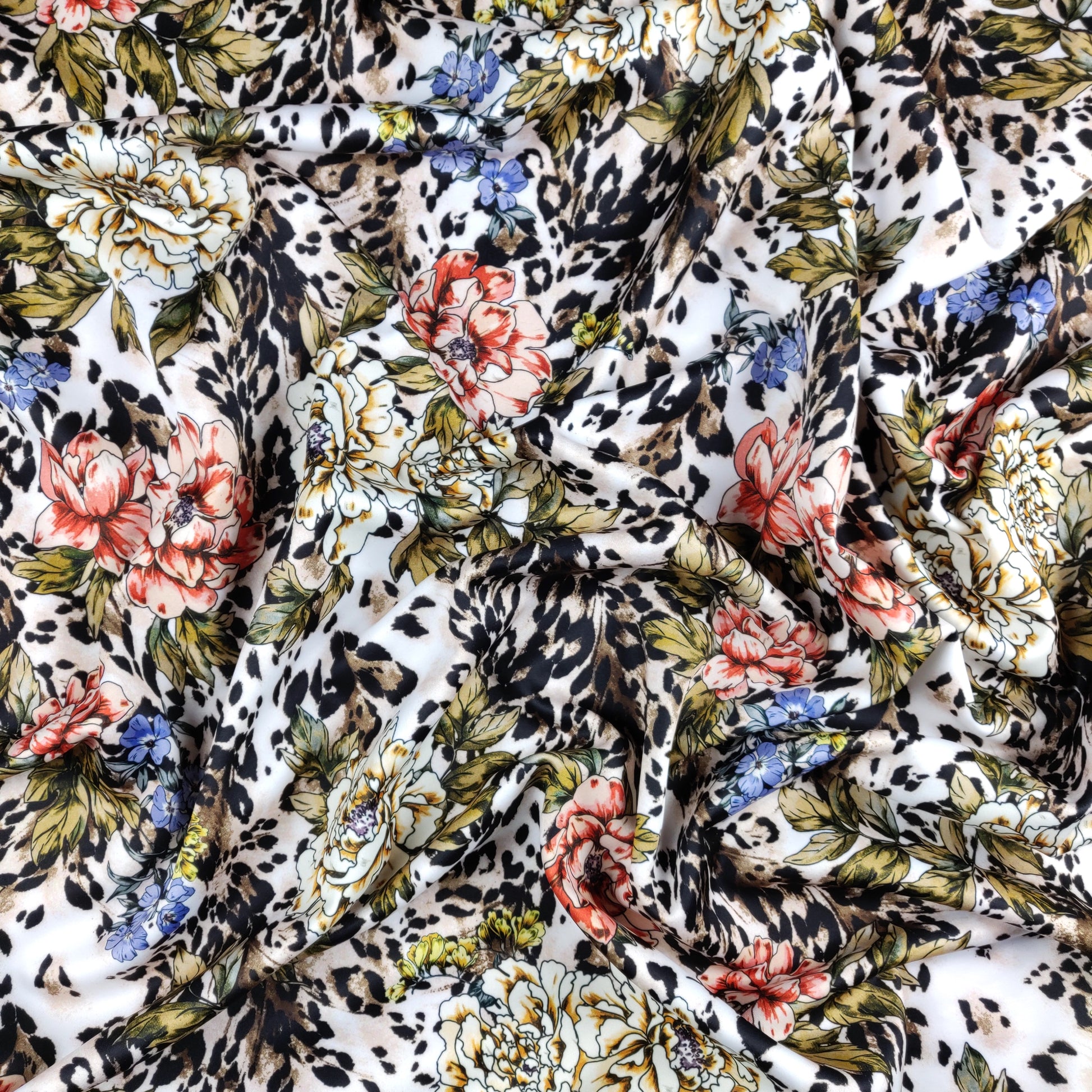 FS364 Leopard Floral | Fabric | Animal, Babywear, Dress making, Fabric, fashion fabric, Floral, Flower, Flowers, jersey, Leopard, Rompers, Scuba, Skirt, Stretch, Stretchy, Trousers | Fabric Styles