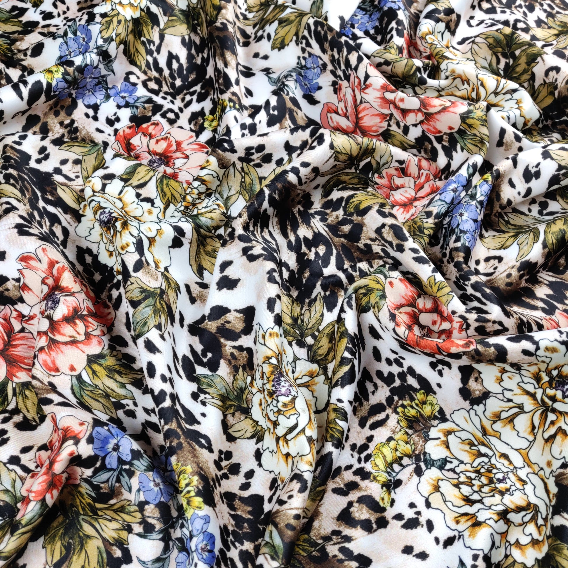 FS364 Leopard Floral | Fabric | Animal, Babywear, Dress making, Fabric, fashion fabric, Floral, Flower, Flowers, jersey, Leopard, Rompers, Scuba, Skirt, Stretch, Stretchy, Trousers | Fabric Styles