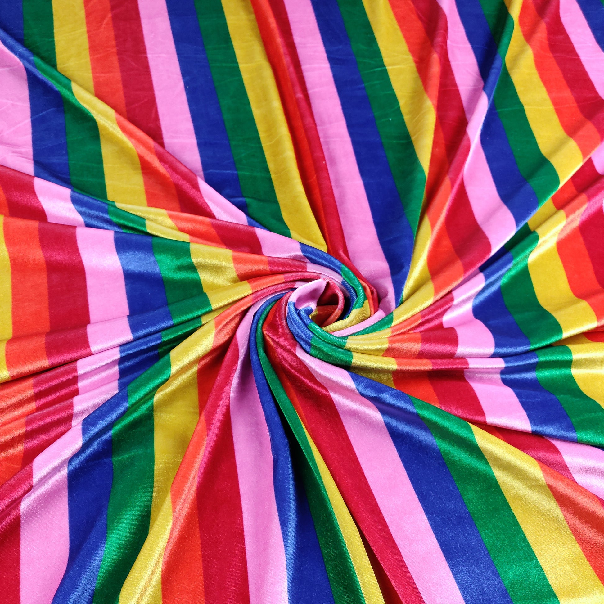 FS366 Rainbow Striped Velvet Stretch Knit Fabric | Blue, elastane, Fabric, Fabrics, fashion fabric, High Fashion, jersey, Multi Colour, Multi Stripe, Multicolor, Multicolored, Multicolour, Multicoloured, Rainbow, sewing, Skirt, Stiped, Stretch, Stretchy, Stripe, Striped, Stripes, Summer, Velvet, Yellow | Fabric Styles