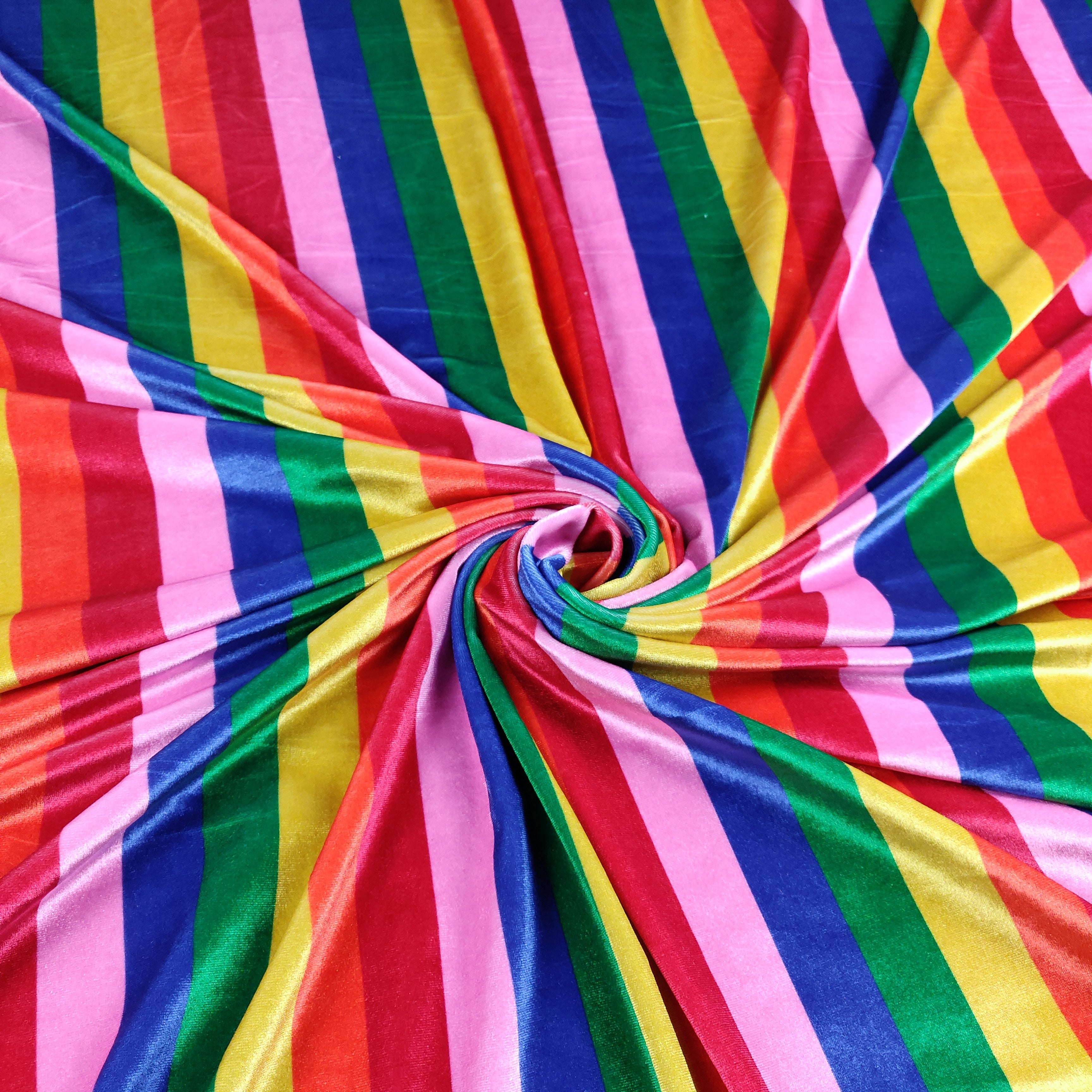 FS366 Rainbow Striped Velvet Stretch Knit Fabric | Blue, elastane, Fabric, Fabrics, fashion fabric, High Fashion, jersey, Multi Colour, Multi Stripe, Multicolor, Multicolored, Multicolour, Multicoloured, Rainbow, sewing, Skirt, Stiped, Stretch, Stretchy, Stripe, Striped, Stripes, Summer, Velvet, Yellow | Fabric Styles