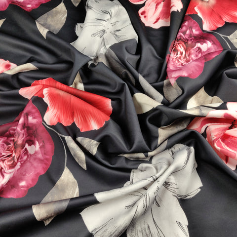 FS368 Large Red Floral | Fabric | Black, drape, Fabric, fashion fabric, Floral, Flower, limited, making, Marble, Sale, Scuba, sewing, Splash, Stretchy | Fabric Styles