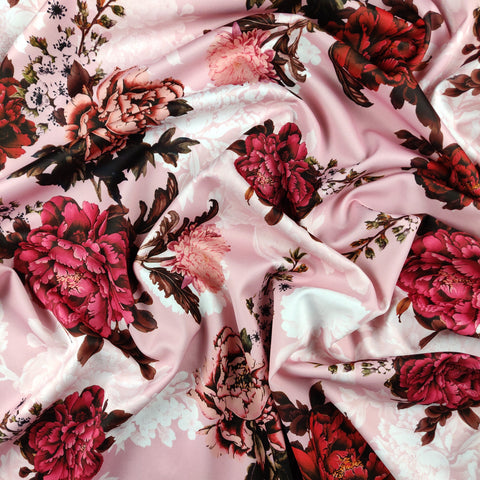 FS363 Zinnia Floral | Fabric | Baby Pink, Big Flowers, dressmaking, elastane, fabric, fabrics, Floral, Flower, Flowers, fs363, leggings, Navy, Peony, pink, poly, polyester, scuba, skirt, stretchy, zinnia | Fabric Styles