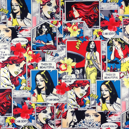 FS376 Comic Strip | Fabric | Andy Warhol, Comic, Comic Book, Comic Strip, Conversational, Fabric, Girl, Girls, I love you, Kid, Love, Scuba | Fabric Styles