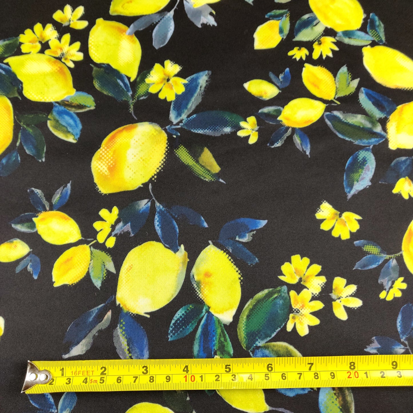FS294 Amalfi Lemons | Fabric | Black, Blue, elastane, Fabric, fashion fabric, Floral, Fruit, Fruits, Garden, jersey, Leaf, Lemon, Lemons, Light, making, Mint, Polyester, Scuba, sewing, Skirt, Stretchy, Summer, Yellow | Fabric Styles