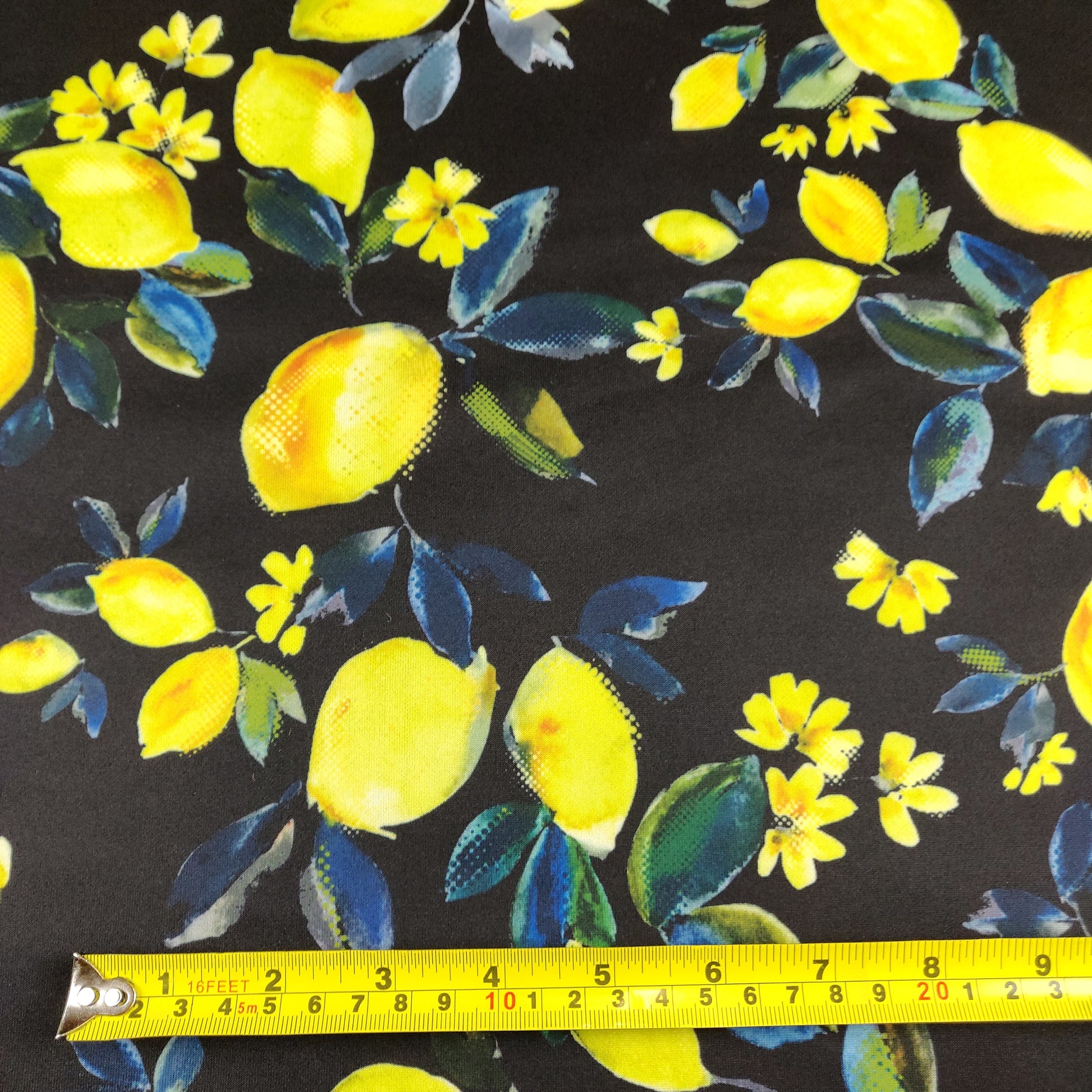 FS294 Amalfi Lemons | Fabric | Black, Blue, elastane, Fabric, fashion fabric, Floral, Fruit, Fruits, Garden, jersey, Leaf, Lemon, Lemons, Light, making, Mint, Polyester, Scuba, sewing, Skirt, Stretchy, Summer, Yellow | Fabric Styles