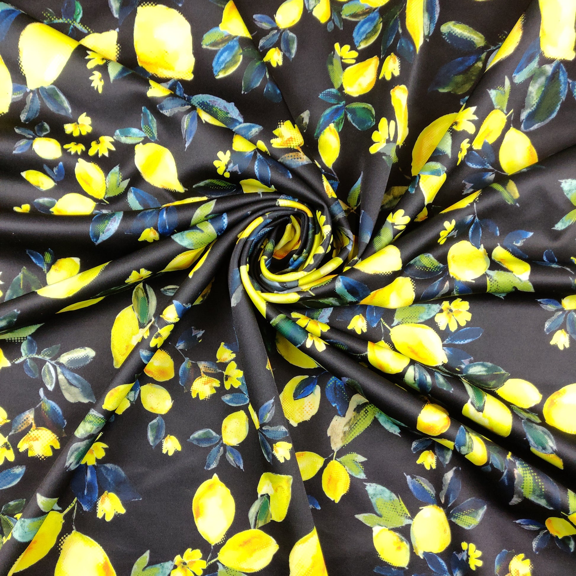 FS294 Amalfi Lemons | Fabric | Black, Blue, elastane, Fabric, fashion fabric, Floral, Fruit, Fruits, Garden, jersey, Leaf, Lemon, Lemons, Light, making, Mint, Polyester, Scuba, sewing, Skirt, Stretchy, Summer, Yellow | Fabric Styles