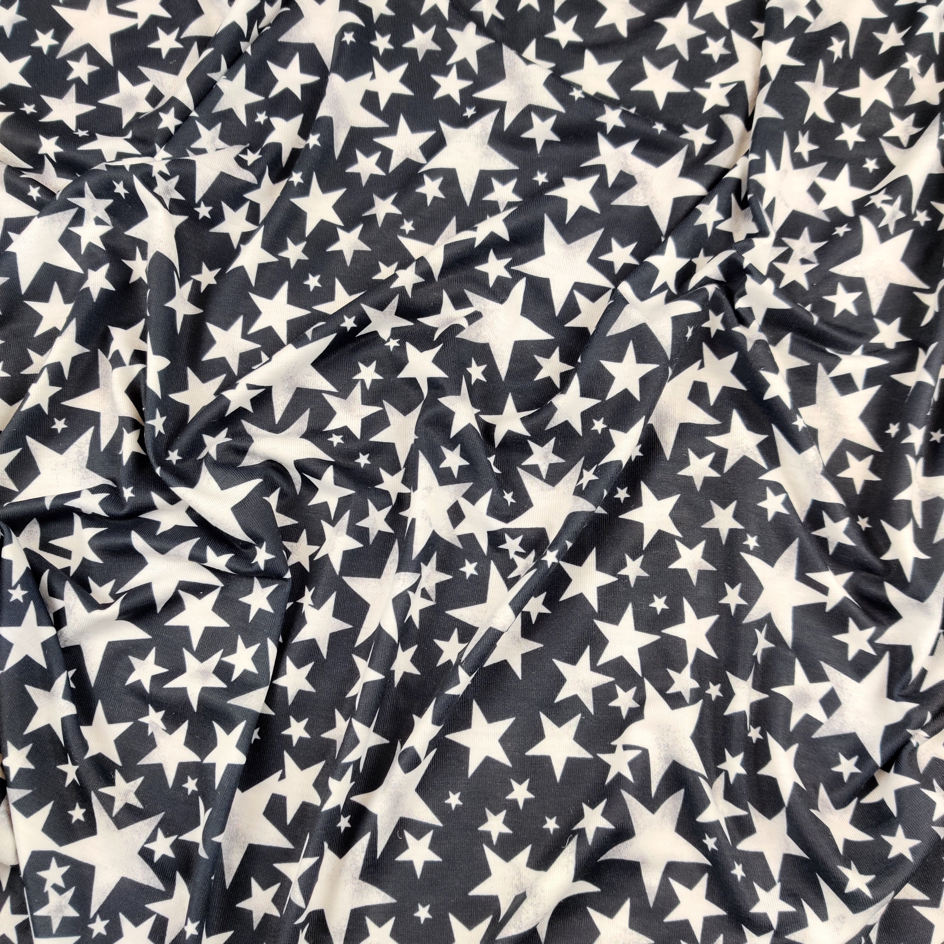 FS414_1 White Stars | Fabric | Baby, Boy, Boys, Children, drape, Fabric, fashion fabric, Kid, Kids, Night, sewing, Small Star, Spun Polyester, Spun Polyester Elastane, Star, Starry Night, Stars, Stretchy | Fabric Styles