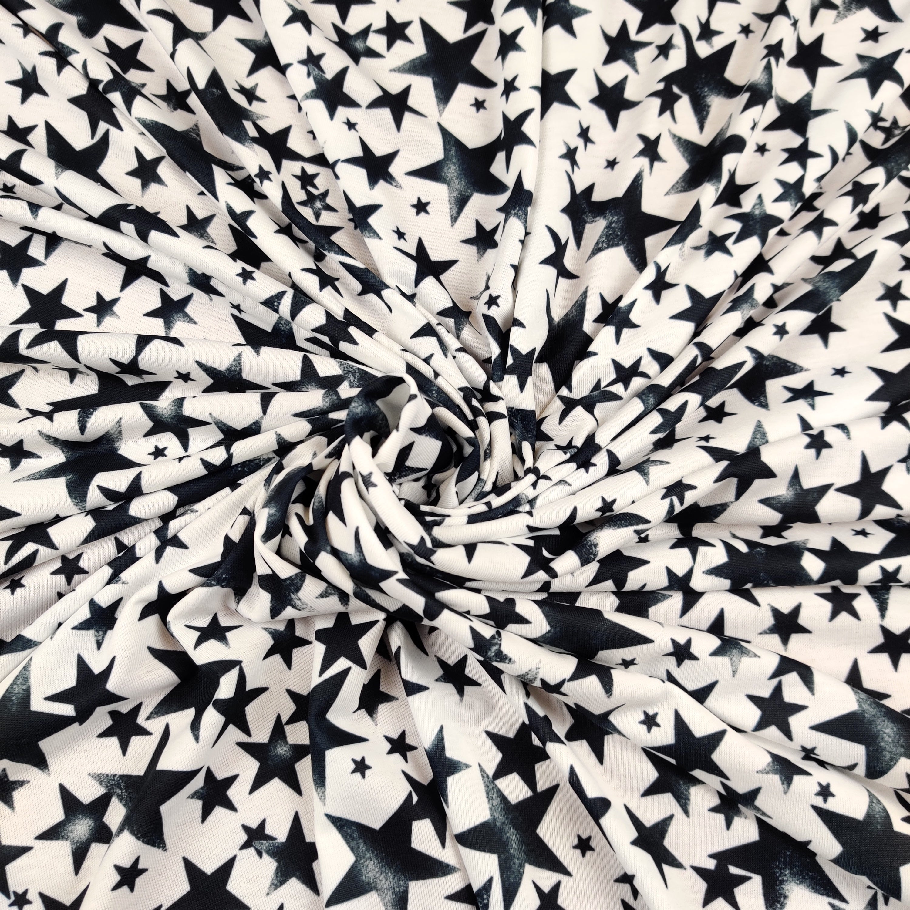 FS414_2 Black Stars | Fabric | Baby, Boys, Child, Children, drape, Fabric, fashion fabric, Kid, Kids, sewing, Spun Polyester Elastane, Star, Starry, Stars, Stretchy | Fabric Styles