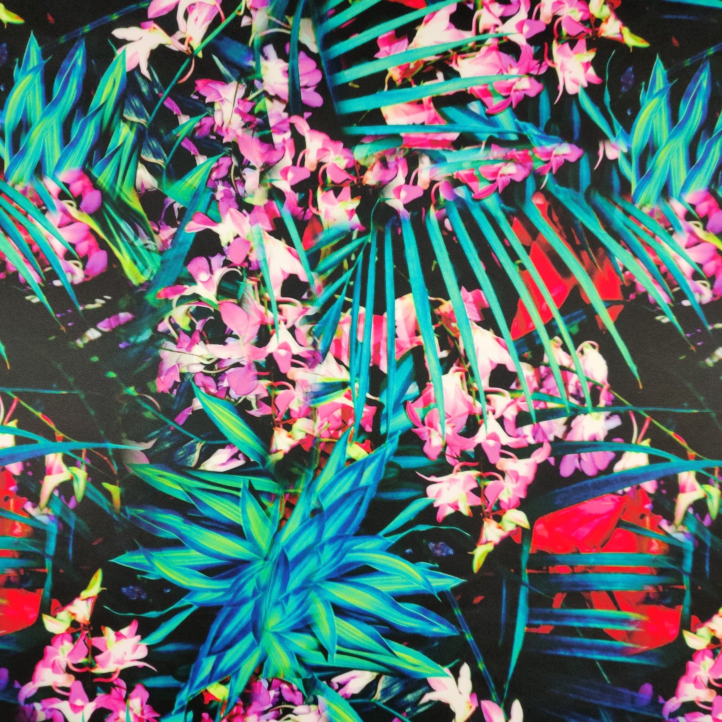 FS420 Winter Tropical | Fabric | drape, Fabric, fashion fabric, Floral, Flowers, Leaves, Palms, sewing, Stretchy, Tropical, Winter | Fabric Styles