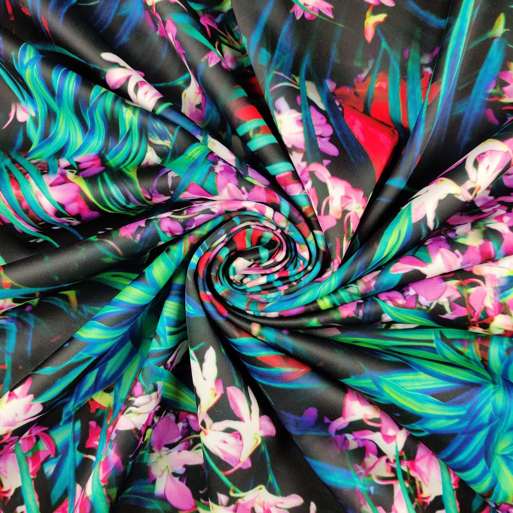 FS420 Winter Tropical | Fabric | drape, Fabric, fashion fabric, Floral, Flowers, Leaves, Palms, sewing, Stretchy, Tropical, Winter | Fabric Styles