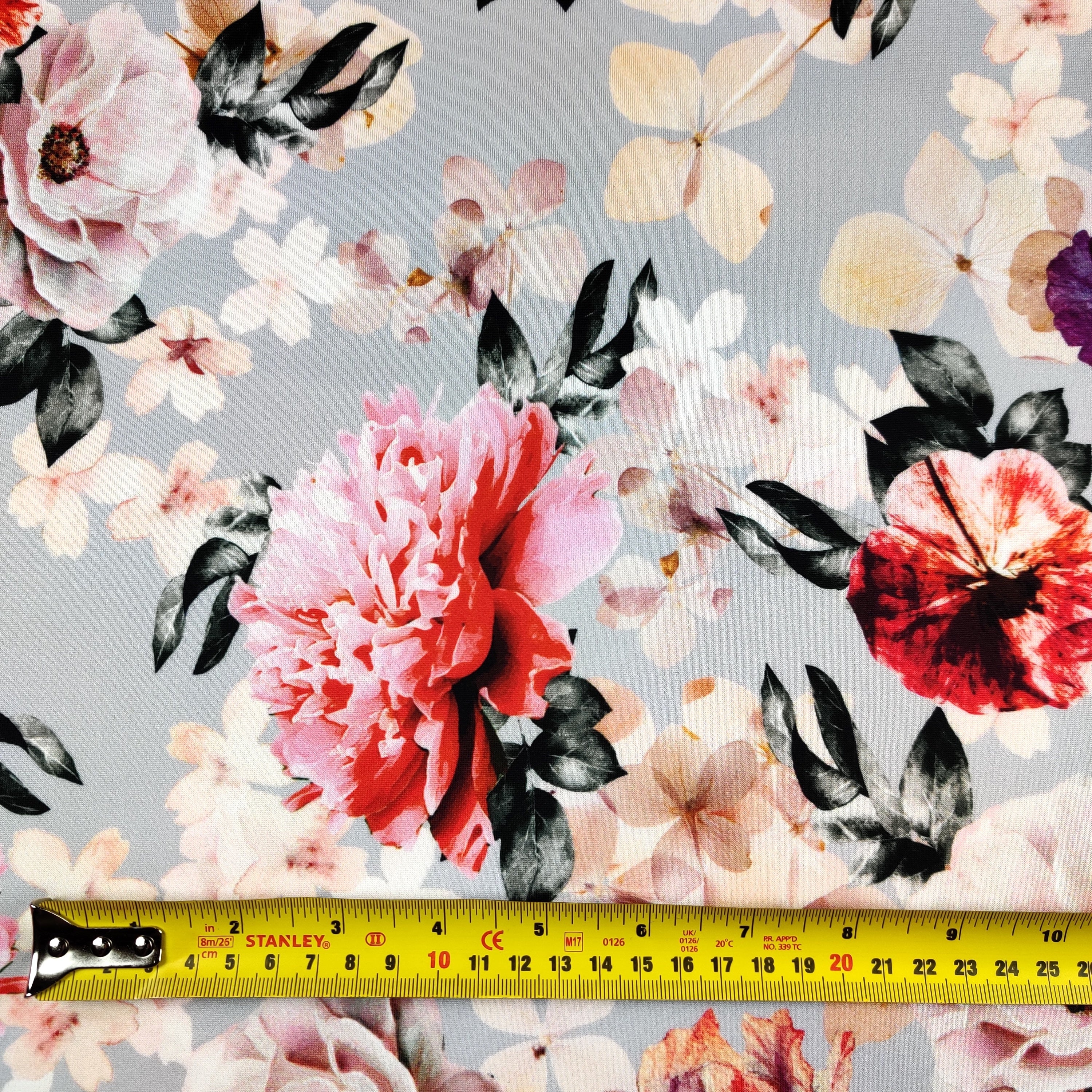 FS445 Flower Days | Fabric | drape, Fabric, fashion fabric, Floral, Flower, Grey, Scuba, sewing, Stretchy | Fabric Styles