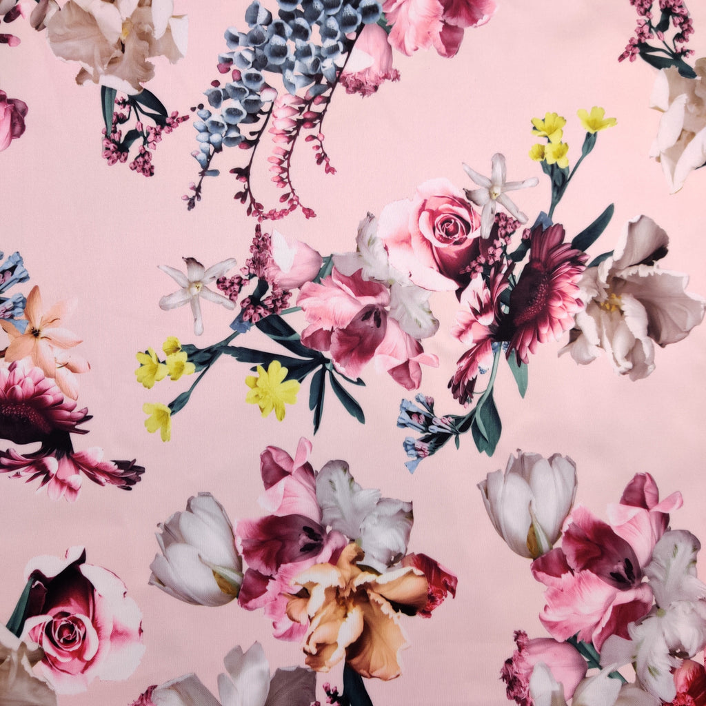 FS095 Floral Bouquet Stretch Knit Fabric White Pink Yellow | Fabric | drape, Fabric, fashion fabric, Floral, Flower, Flowers, Ivory, making, Pink, Rose, Scuba, sewing, Stretchy, White, Yellow | Fabric Styles