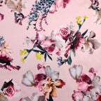 FS095 Floral Bouquet Stretch Knit Fabric White Pink Yellow | Fabric | drape, Fabric, fashion fabric, Floral, Flower, Flowers, Ivory, making, Pink, Rose, Scuba, sewing, Stretchy, White, Yellow | Fabric Styles
