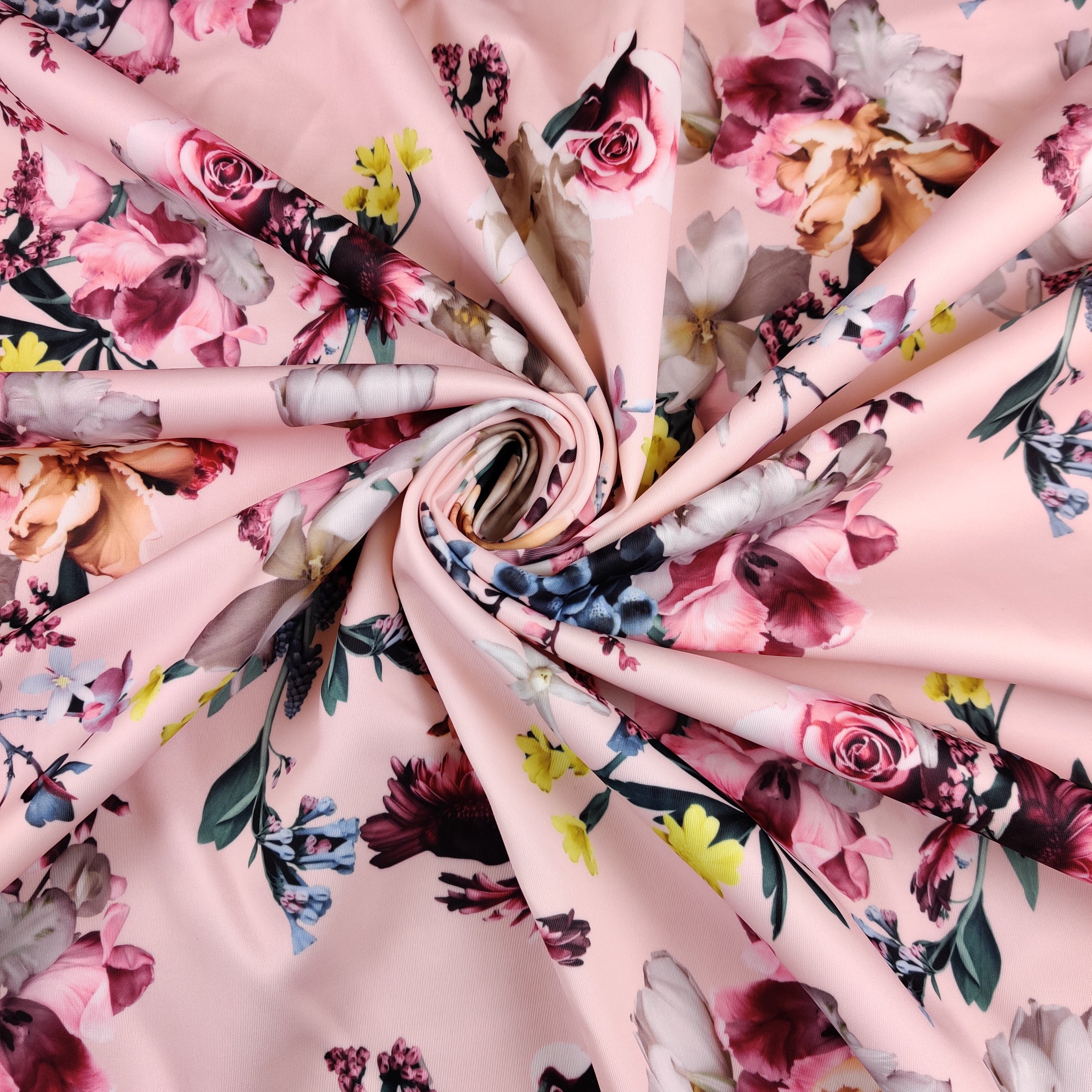 FS095 Floral Bouquet Stretch Knit Fabric White Pink Yellow | Fabric | drape, Fabric, fashion fabric, Floral, Flower, Flowers, Ivory, making, Pink, Rose, Scuba, sewing, Stretchy, White, Yellow | Fabric Styles