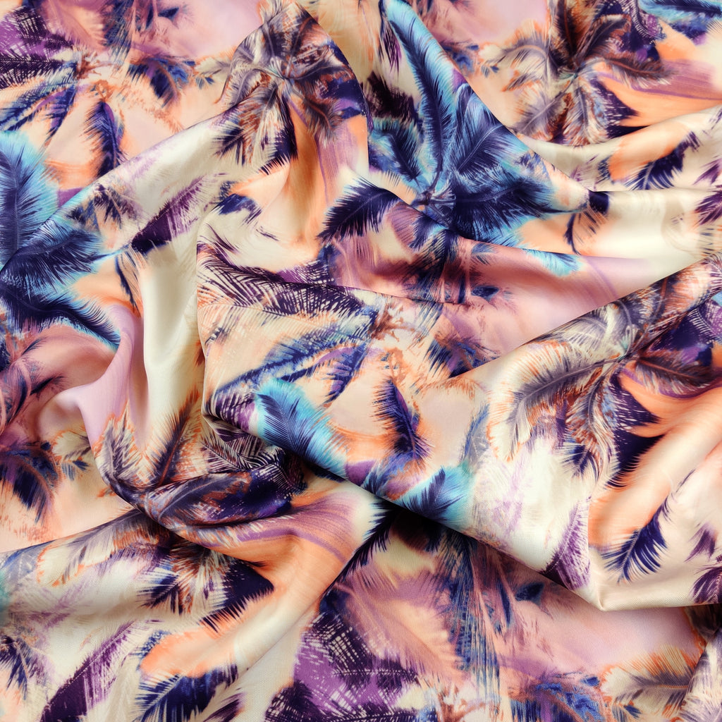 FS277 Tropical Palm Tree | Fabric | Blue Tree, Fabric, fashion fabric, Floral, Flowers, High Fashion, Orange, Palm, Palm Leaves, Palm Tree, Palm Trees, Purple, Sale, Scuba, Tropical | Fabric Styles