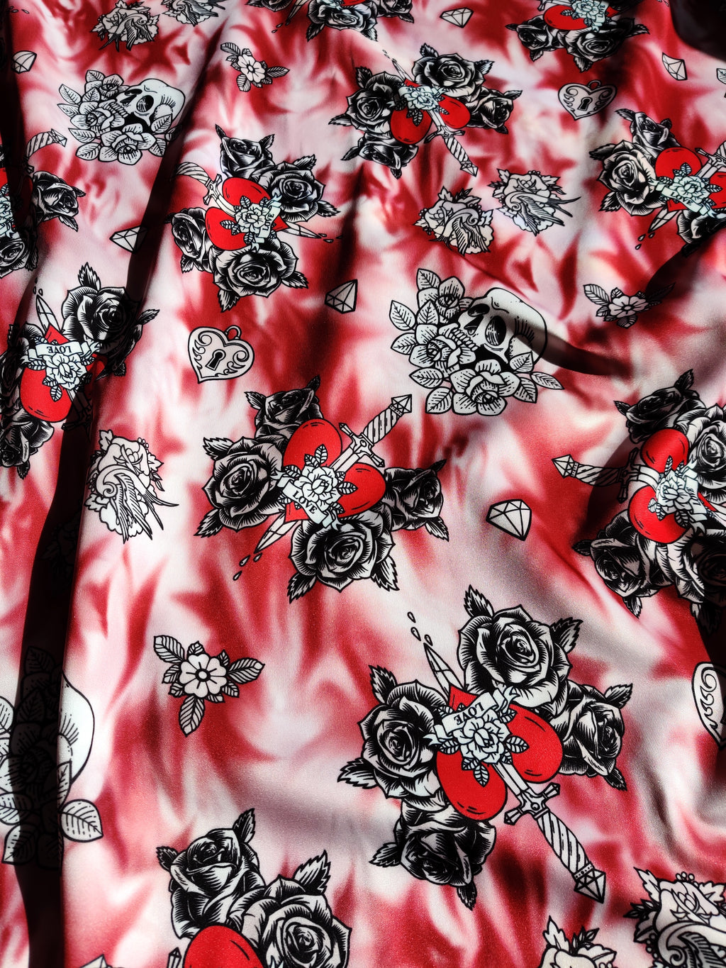FS459 Bitter Sweet Love | Fabric | dagger, drape, Fabric, fashion fabric, heart, lock, love, marble, rose, Scuba, sewing, Stretchy, sword, tie dye | Fabric Styles