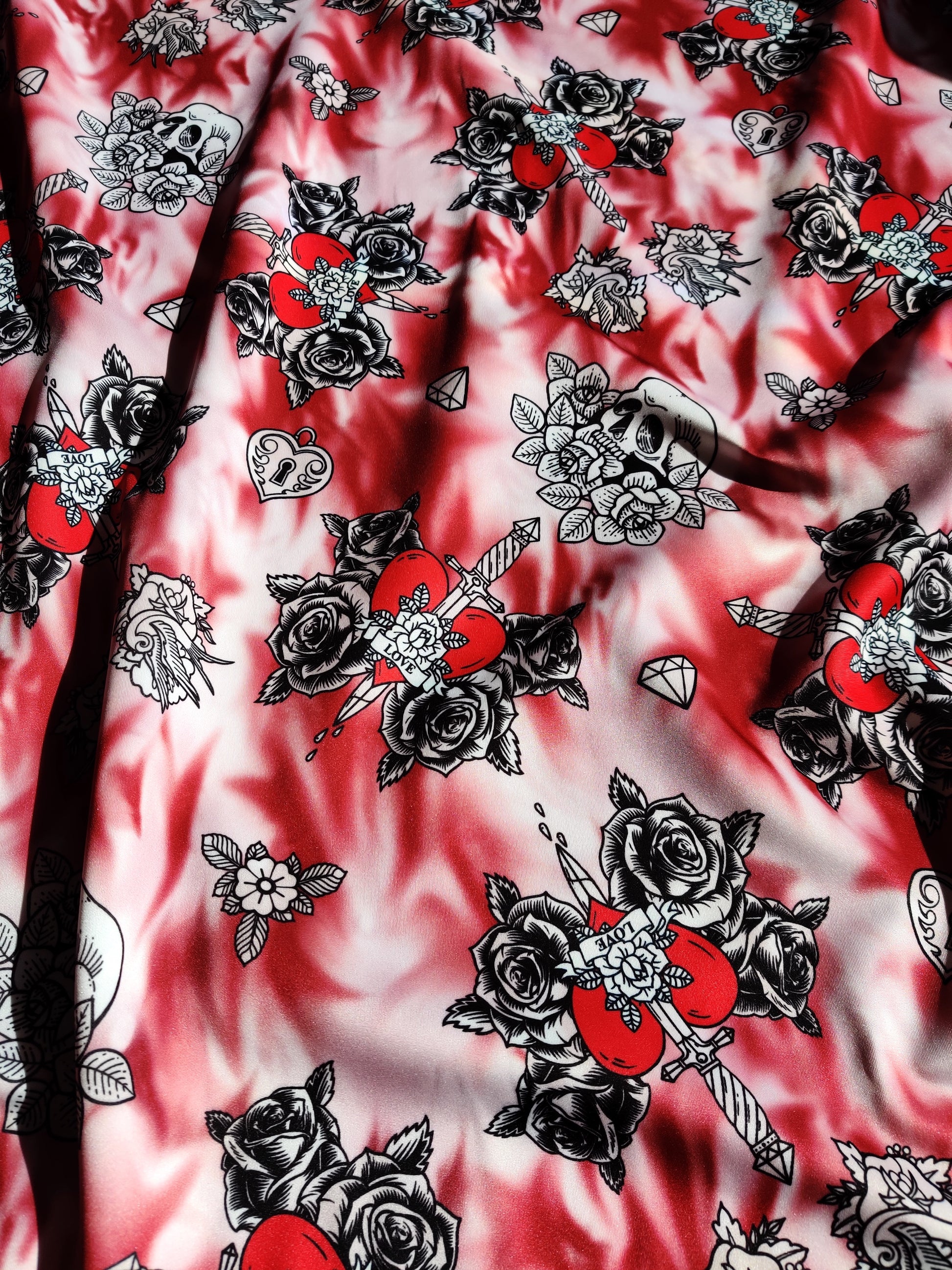 FS459 Bitter Sweet Love | Fabric | dagger, drape, Fabric, fashion fabric, heart, lock, love, marble, rose, Scuba, sewing, Stretchy, sword, tie dye | Fabric Styles