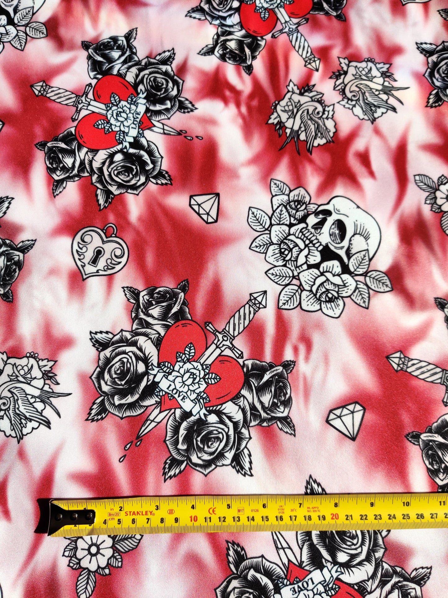 FS459 Bitter Sweet Love | Fabric | dagger, drape, Fabric, fashion fabric, heart, lock, love, marble, rose, Scuba, sewing, Stretchy, sword, tie dye | Fabric Styles