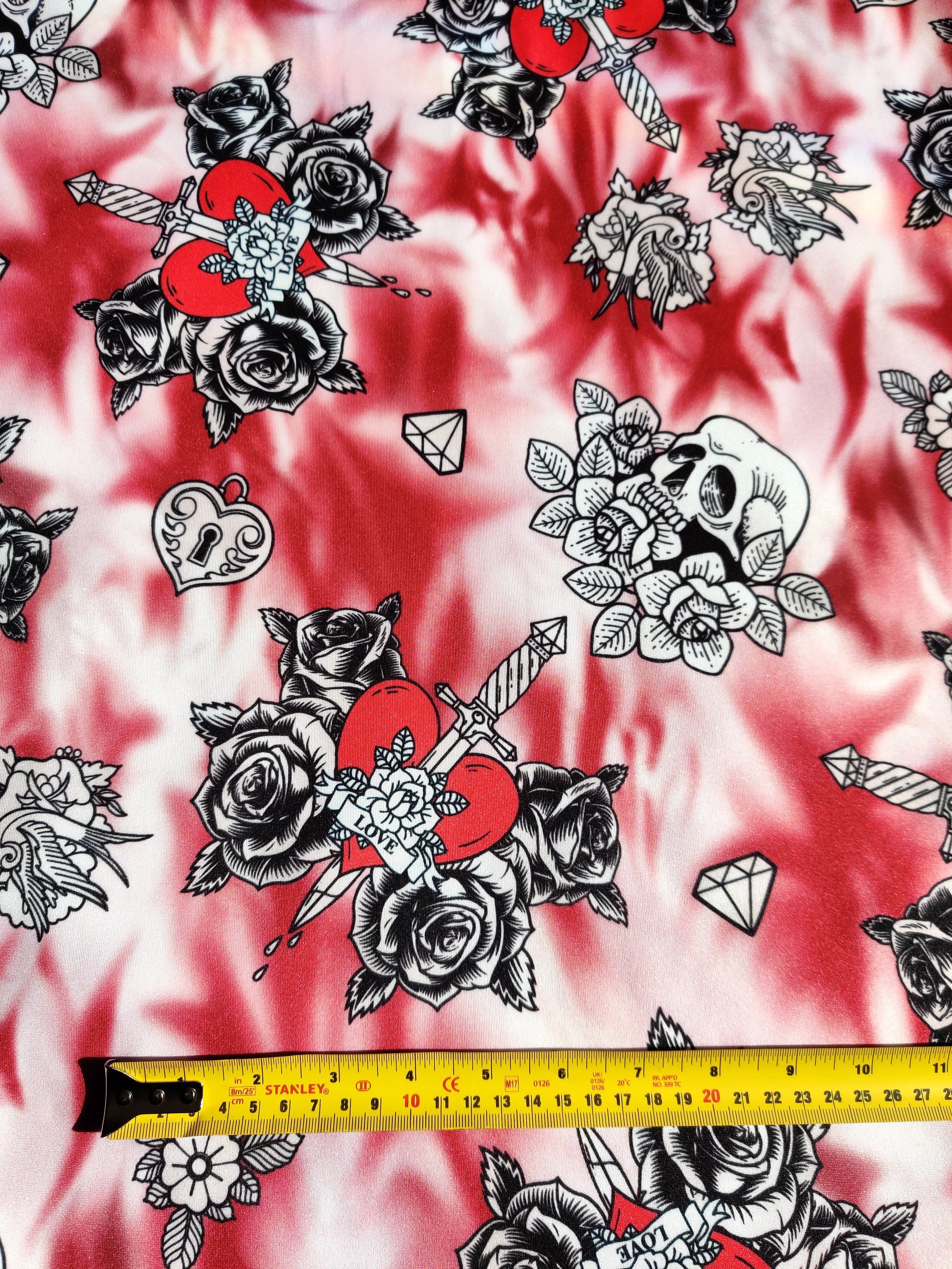 FS459 Bitter Sweet Love | Fabric | dagger, drape, Fabric, fashion fabric, heart, lock, love, marble, rose, Scuba, sewing, Stretchy, sword, tie dye | Fabric Styles
