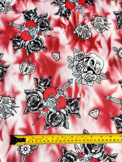 FS459 Bitter Sweet Love | Fabric | dagger, drape, Fabric, fashion fabric, heart, lock, love, marble, rose, Scuba, sewing, Stretchy, sword, tie dye | Fabric Styles