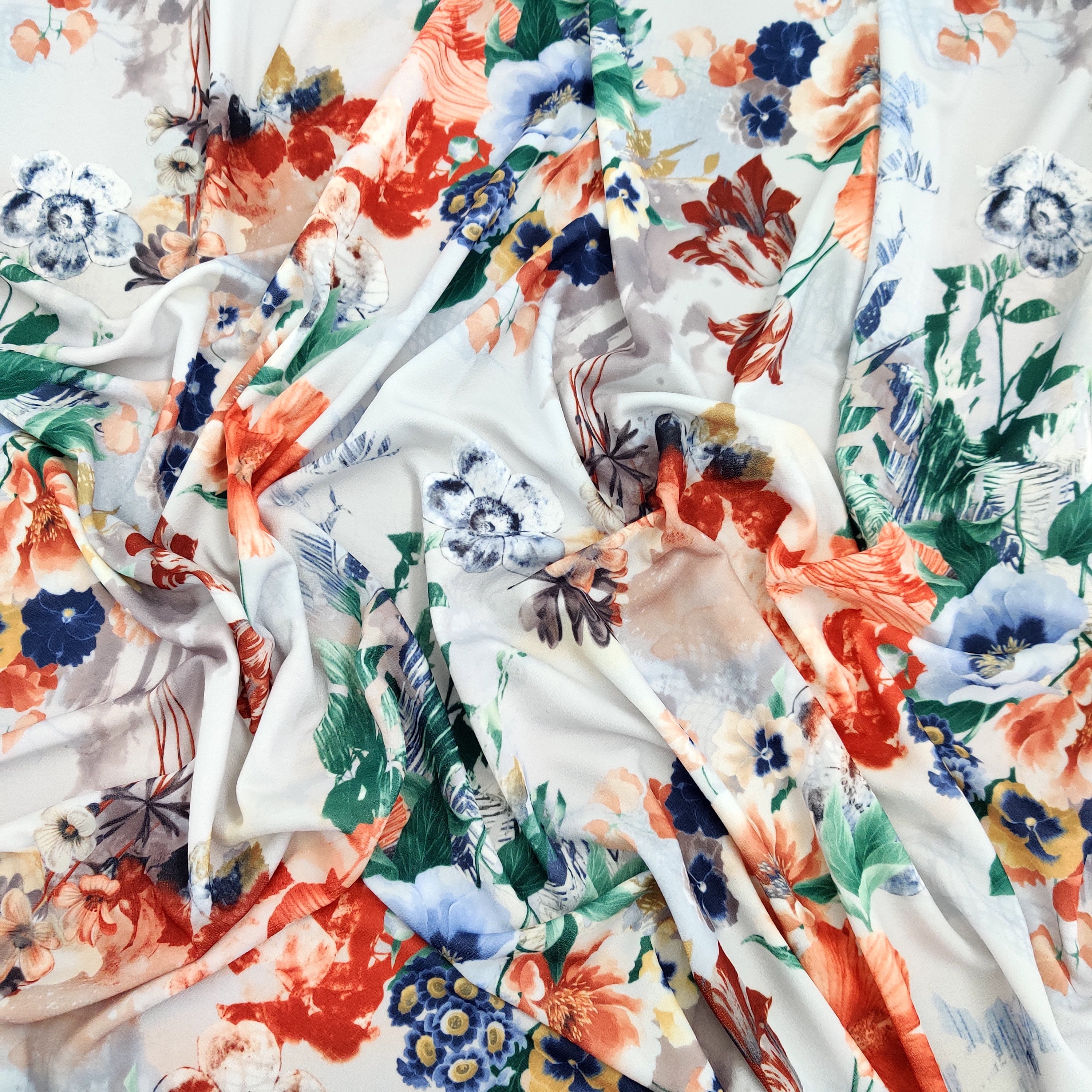 FS561 Tie Dye Floral | Fabric | drape, Fabric, fashion fabric, Floral, Flower, Leaf, Leaves, Lemons, Marcella, Orange, SALE, sewing, Stretchy, Valentino | Fabric Styles