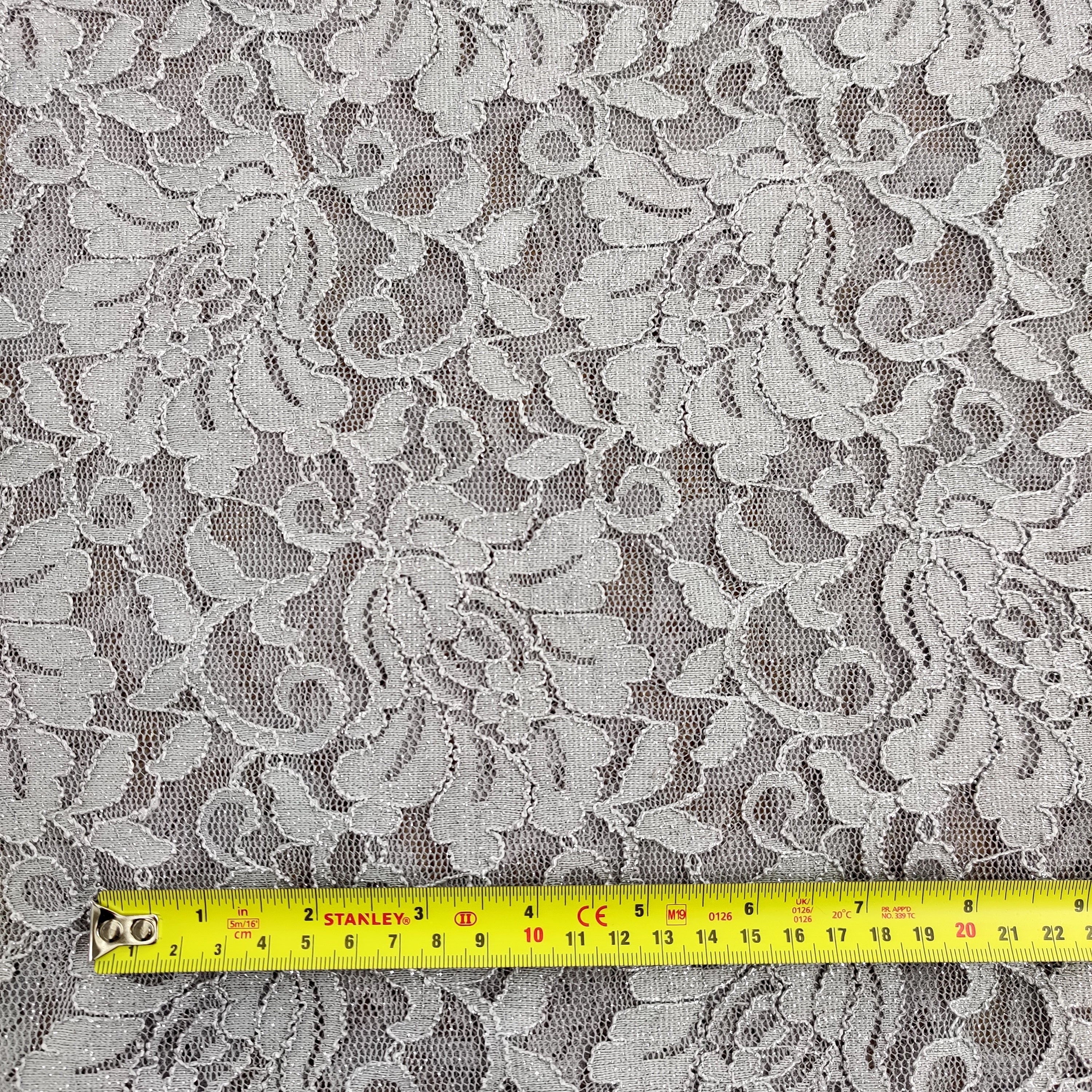 FS509_1 Grey Glitter Floral Lace | Fabric | drape, Fabric, fashion fabric, Floral Leopard, Lace, Plain, SALE, Sequins, sewing, Stretchy, textured | Fabric Styles