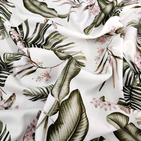 FS523_2 White Tropical Feather | Fabric | drape, Fabric, fashion fabric, Floral, Flower, Palm, Scuba, Stretchy, Tropical | Fabric Styles