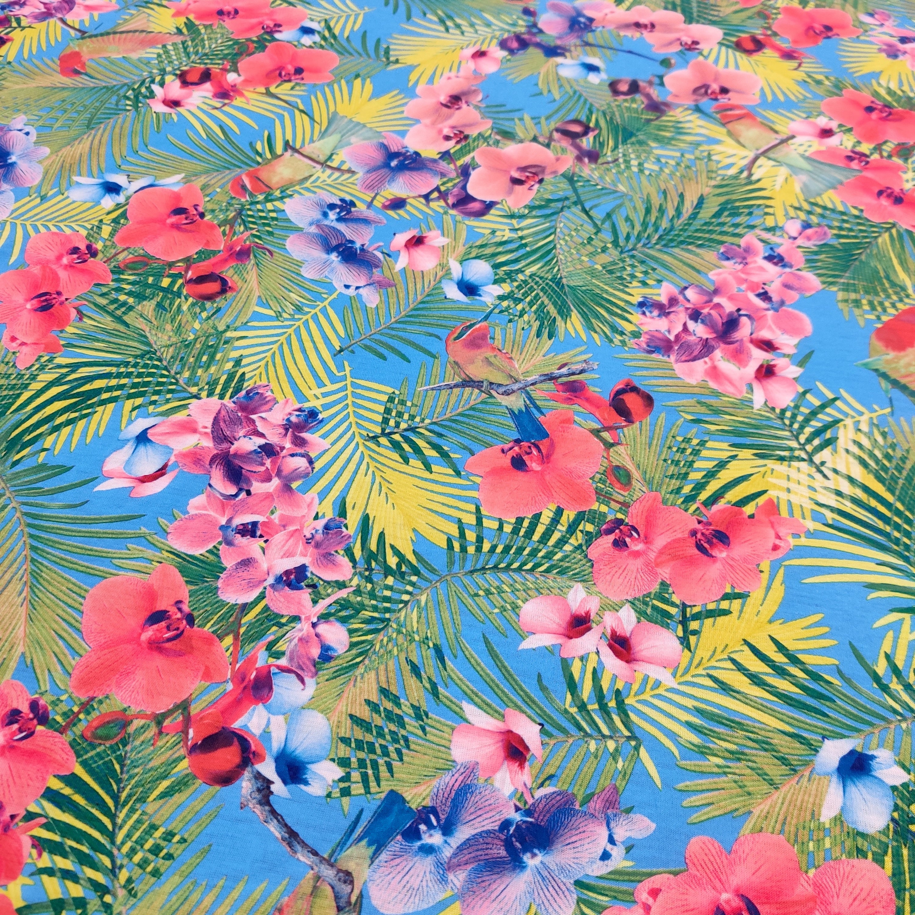 FS530 Jungle Tropical | Fabric | drape, Fabric, fashion fabric, Floral, Green, jersey, making, Orange, Palm, sewing, spun polyester, Spun Polyester Elastane, stretch, Stretchy, Tropical | Fabric Styles