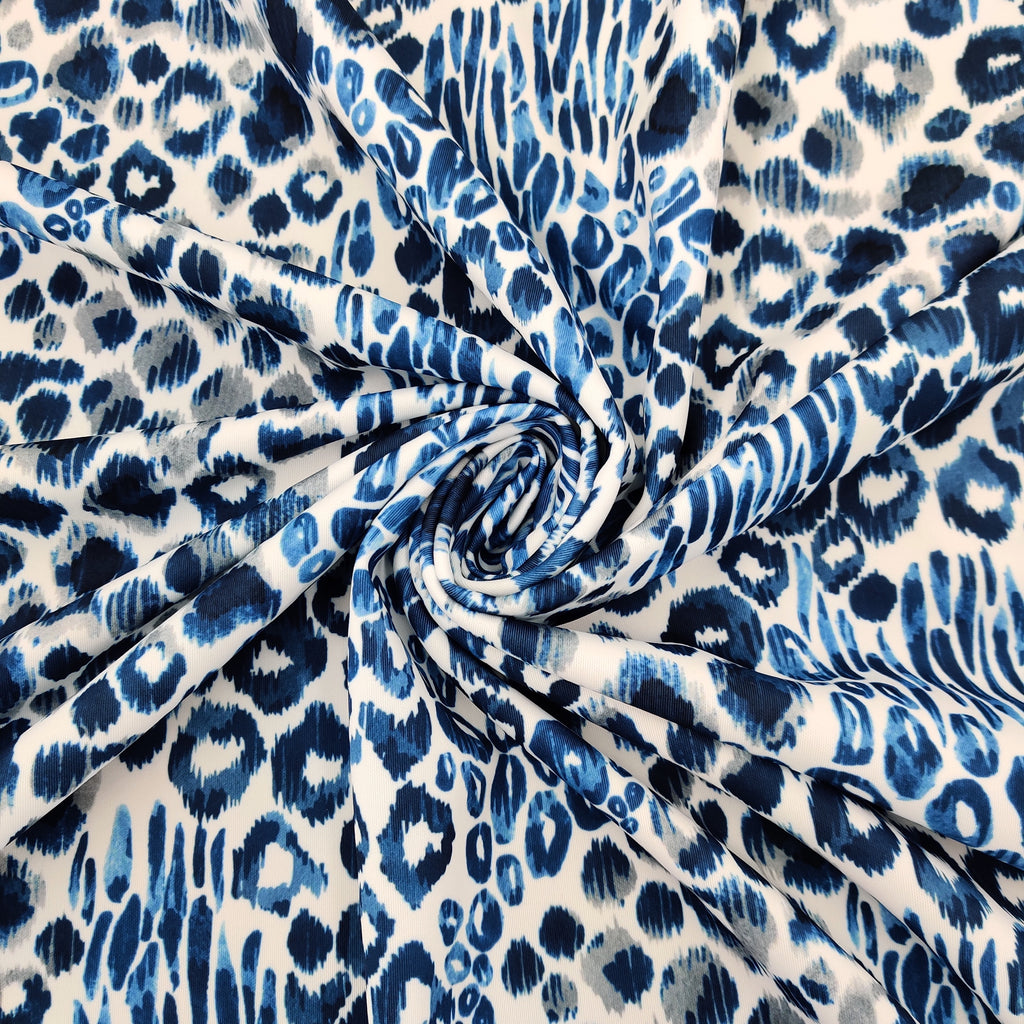 FS555 Blue Daze Leopard | Fabric | Animal, Blue, drape, Fabric, fashion fabric, Leopard, Scuba, sewing, Stretchy | Fabric Styles