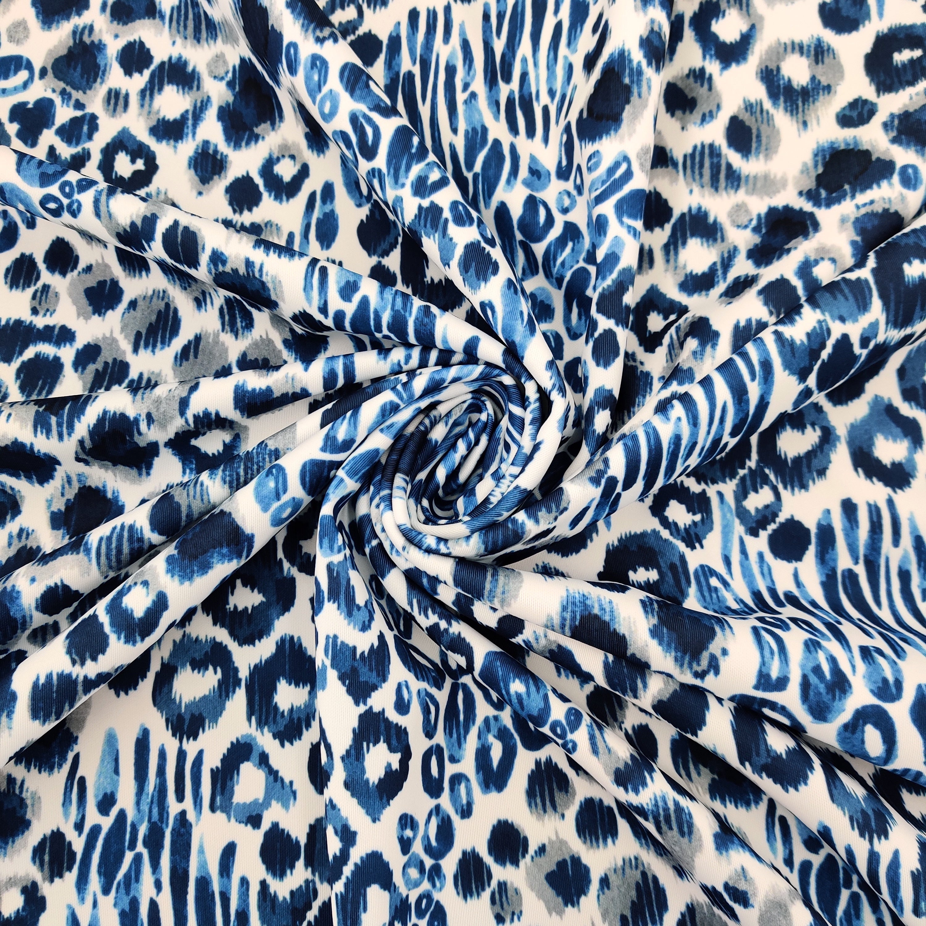 FS555 Blue Daze Leopard | Fabric | Animal, Blue, drape, Fabric, fashion fabric, Leopard, Scuba, sewing, Stretchy | Fabric Styles